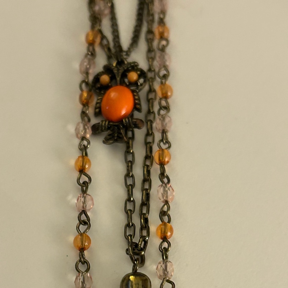 💰FREE add 1/bundle Necklace charms Owl, layered bronze chains peach drop, enamel - Picture 4 of 9